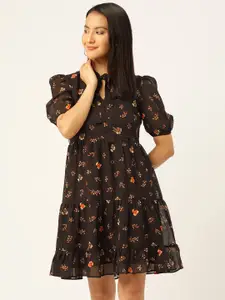 Slenor Floral Print Puff Sleeves Tie-Up Neck Georgette A-Line Dress