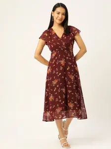Slenor Floral Print Flared Sleeves Georgette Wrap Midi Dress