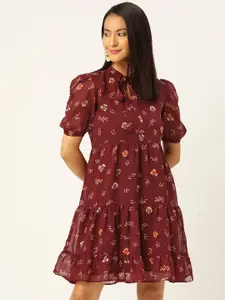 Slenor Floral Tie-Up Neck Puff Sleeves Georgette A-Line Dress