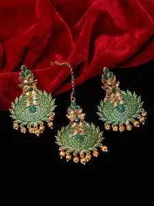 PANASH Gold-Plated Green & Beige Stone-Studded Hand Painted Maang Tika with Earrings