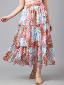 DEEBACO Women Floral Printed Tiered Maxi Skirt