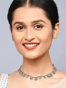 Fida Silver-Plated Floral Choker Oxidised Necklace