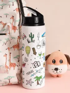 Indigifts White Printed Double Wall Vacuum Sipper Water Bottle 750 ml