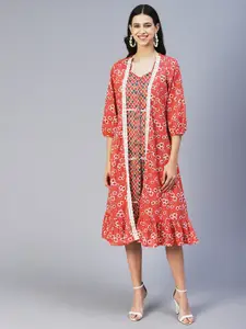 FASHOR Floral A-Line Midi Dress With A-line Floral Printed Jacket