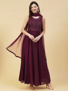 FASHOR Ethnic Motifs Embroidered Maxi Ethnic Dress With Dupatta