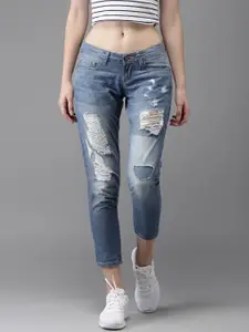 Moda Rapido Women Blue Boyfriend Fit Mid-Rise Highly Distressed Jeans