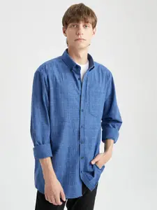DeFacto Men Windowpane Checks Checked Long Sleeves Long Line Casual Shirt