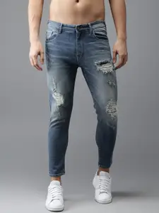 HERE&NOW Men Blue Slim Fit Cropped Mid-Rise Highly Distressed Stretchable Jeans