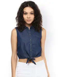 109F Women Navy Blue Solid Shirt Style Top