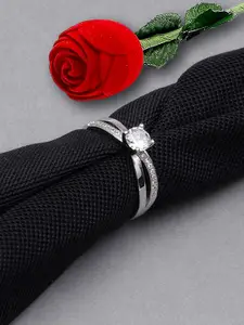 KARATCART Silver-Plated Austrian Crystal Studded Adjustable Finger Ring