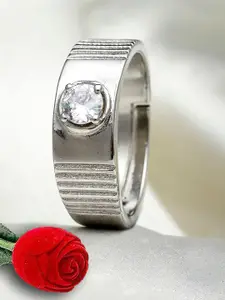 KARATCART Men Silver-Plated AD Studded Adjustable Finger Ring With Red Rose Box