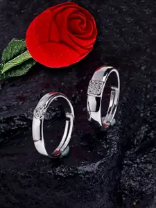 KARATCART Silver-Plated AD Studded Adjustable Couple Finger Ring With Red Rose Box