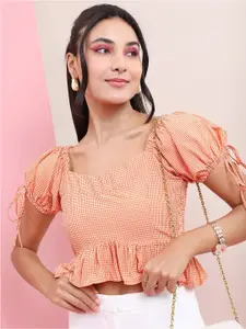 Tokyo Talkies Checked Sweetheart Neck Peplum Crop Top