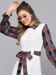 Selvia Combination Style A-Line Dress with Checked Shirt