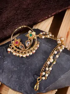 Saraf RS Jewellery Gold-Plated Kundan-Studded  & Beaded Floral Nose Ring