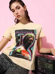 Moda Rapido Women Biscuit Beige Pure Cotton 90's Hollaback Poster Graphics T-shirt