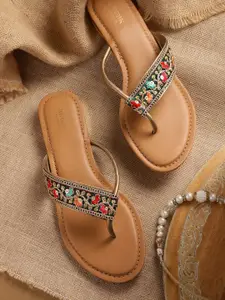 Anouk Women Embroidered & Sequin Embellished T-Strap Flats