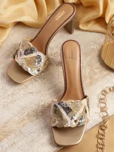 Anouk Gold-Toned Embellished Open Toe Heels