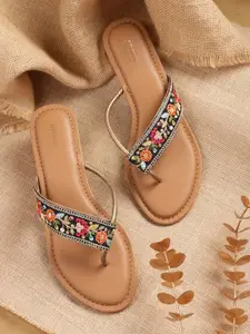 Anouk Women Embellished & Woven Design T-Strap Flats
