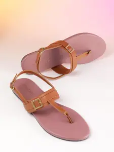 DressBerry Women Solid T-Strap Flats with Buckle Detail