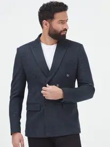 MR BUTTON Men Checked Double-Breasted Slim-Fit Casual Blazer