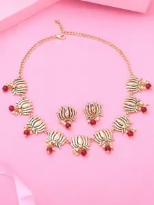 Estele Gold Plated Antique Lotus Flower Choker Necklace Set with Pearls