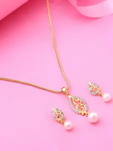 Estele Gold Plated CZ Leaf Designer Pendant Set with Pearl