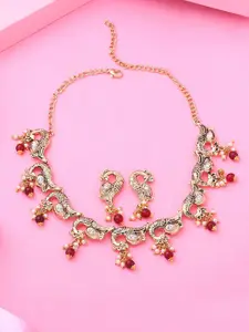 Estele Gold Plated Antique Traditional Peacock Necklace Set with Glowing Pearls