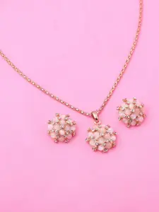 Estele Rose Gold Plated Flower Pendant Set with Crystals
