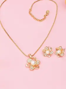 Estele Gold Plated Flower Designer Pendant Set With Crystals & Pearl for Women