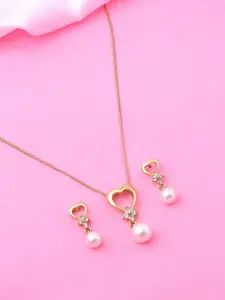 Estele Gold Plated Heart Designer Pendant Set with Pearl & Crystals