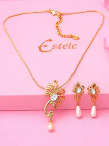 Estele Gold Plated Floral Designer Pendant Set with Crystals & Pearls for Women