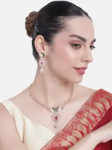 Estele Gold Plated CZ Peacock Designer Necklace Set with Enamel