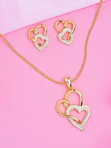 Estele Gold & Rhodium Plated Heart Shaped Lock Pendant Set with Crystals