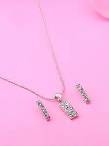 Estele Rhodium Plated Amore Bar Pendant Set with Crystals