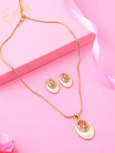 Estele Gold Plated Elliptical Designer Pendant Set with Crystals