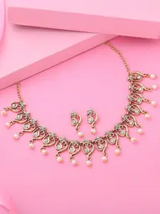 Estele Gold Plated Antique Spiritual Om Shaped Necklace Set with Glowing Pearls