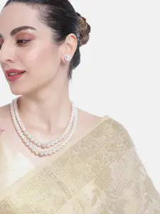 Estele Gold Plated Gorgeous Double Line Pearl Necklace Set with Crystals