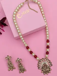Estele Gold Plated Exquisite Laxmi Devi Pearl Necklace Set with Crystals