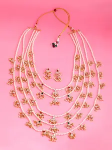 Estele Gold-Plated Stone Studded & Beaded Layered Necklace with Earrings