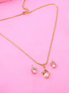 Estele Gold Plated CZ Elegant Pendant Necklace Set with Pearls