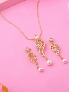 Estele Gold-Plated Stone Studded & Pearl Beaded Pendant With Chain & Pair Of Earrings