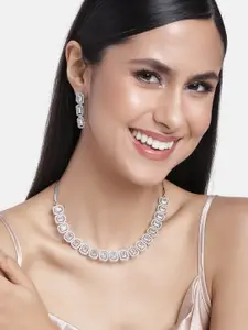 Estele Rhodium Plated CZ Ossum Octagon Necklace Set