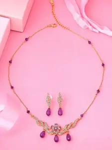 Estele Gold Plated Flower Shaped Necklace Set with Crystals