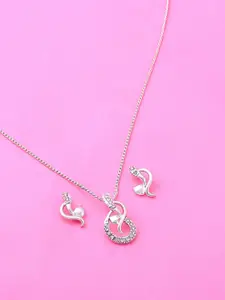 Estele Rhodium Plated Lyrical Beam Pendant Set with Austrian Crystals