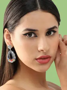 SOHI Silver-Plated Floral Designer Stone Drop Earrings