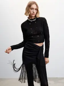 MANGO Open-Knit Crop Pullover with Tie-Up Detail