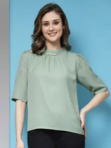 KASSUALLY Pleated High Neck Puff Sleeves Beaded Detail Top