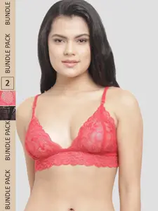 N-Gal Pack Of 2 Anti-Odour Floral Lace Non-Padded Bralette Bra NRBR09-Black-Red