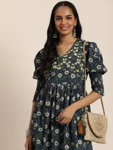 Taavi Indigo Soiree Floral Printed Pure Cotton Smocked Detail Maxi Dress
